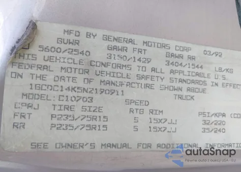 1992 Chevrolet Gmt-400 C1500 из США, поврежденный, VIN 1GCDC14K5NZ190911